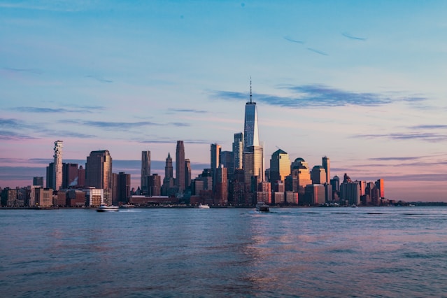 New York skyline at dusk across the water